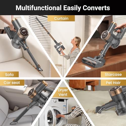 Cordless Vacuum Cleaner, 10-in-1 Lightweight Stick Vacuum with 45mins Runtime, Powerful Suction, LED Touch Screen, Rechargeable Vacuum Cleaners for Home Hardwood Floor Carpet Pet Hair (Gold)|B0F94K5L8D