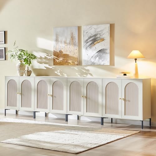 IFGET 92.63" W Modern Arched Sideboard Buffet Cabinet with Storage, Natural | Fluted Arch Sideboard Cabinet w/Adjustable Shelves, Wooden Modular Kitchen Cabinet for Dining& Living Room, Entryway|B0FXRGJ4S9
