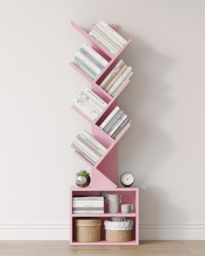 SUNMORY 6 Tier Tree Bookshelf, Tall Small Bookcase with Storage Cabinet | Modern Narrow Bookshelves Organizer, Floor Standing Book Case Shelf for Bedroom Living Room Home Office Corner, Rustic Brown|B0C88XTSMM