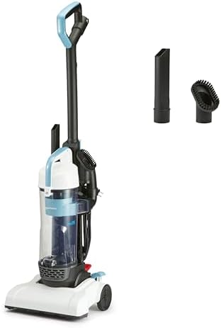 Amazon Basics Upright Bagless Vacuum Cleaner for Carpet and Hard Floors, Washable Filter, Crevice and Upholstery Tools, Detachable Handle, Lightweight, 1.7L Dust Cup, 25ft Cord, Black/White|B0BN5F6MJY