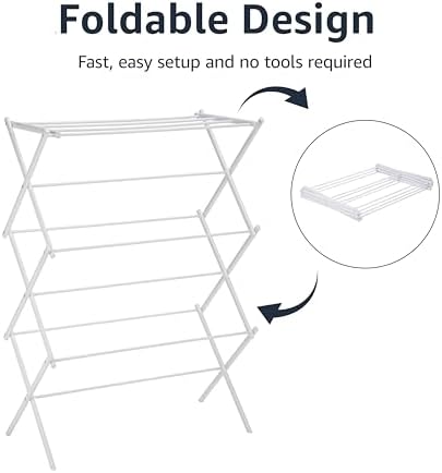 Amazon Basics Foldable Portable Clothes Drying Rack for Indoor Air Drying, Collapsible Design, 14.5" D x 29.5" W x 41.8" H, White|B00H7P1GPO