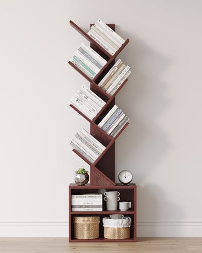 SUNMORY 6 Tier Tree Bookshelf, Tall Small Bookcase with Storage Cabinet | Modern Narrow Bookshelves Organizer, Floor Standing Book Case Shelf for Bedroom Living Room Home Office Corner, Rustic Brown|B0C88XTSMM