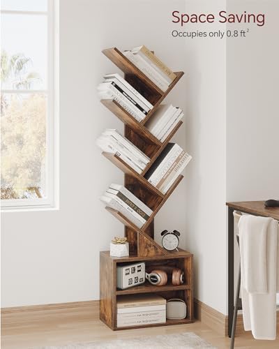 SUNMORY 6 Tier Tree Bookshelf, Tall Small Bookcase with Storage Cabinet | Modern Narrow Bookshelves Organizer, Floor Standing Book Case Shelf for Bedroom Living Room Home Office Corner, Rustic Brown|B0C88XTSMM