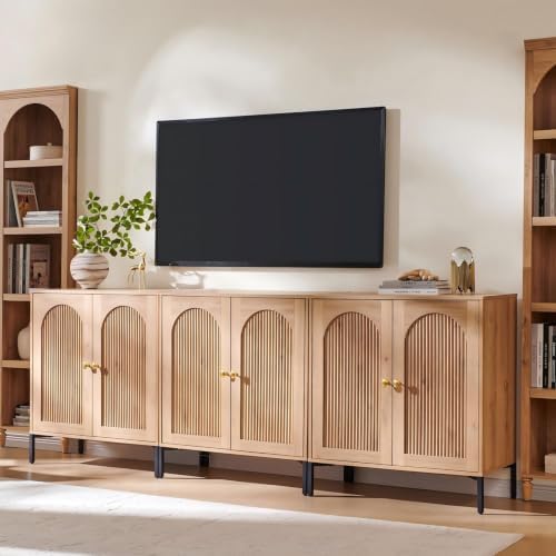 IFGET 92.63" W Modern Arched Sideboard Buffet Cabinet with Storage, Natural | Fluted Arch Sideboard Cabinet w/Adjustable Shelves, Wooden Modular Kitchen Cabinet for Dining& Living Room, Entryway|B0FXRGJ4S9