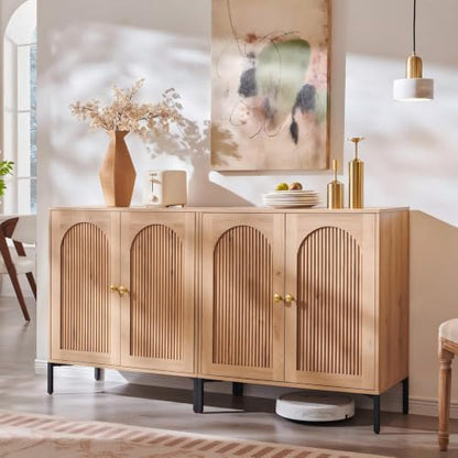 IFGET 92.63" W Modern Arched Sideboard Buffet Cabinet with Storage, Natural | Fluted Arch Sideboard Cabinet w/Adjustable Shelves, Wooden Modular Kitchen Cabinet for Dining& Living Room, Entryway|B0FXRGJ4S9