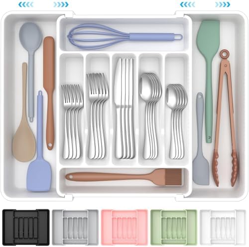 ukeetap Extra Large Expandable Silverware Organizer, BPA-Free Food-Safe Cutlery Flatware Organizer, Kitchen Utensil Drawer Organizer, Adjustable Silverware Holder for Spoons Forks Knives, Black|B0F2TB2MMP