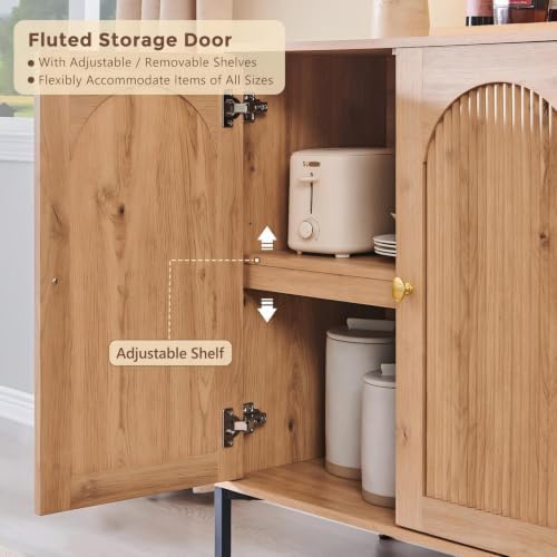 IFGET 92.63" W Modern Arched Sideboard Buffet Cabinet with Storage, Natural | Fluted Arch Sideboard Cabinet w/Adjustable Shelves, Wooden Modular Kitchen Cabinet for Dining& Living Room, Entryway|B0FXRGJ4S9