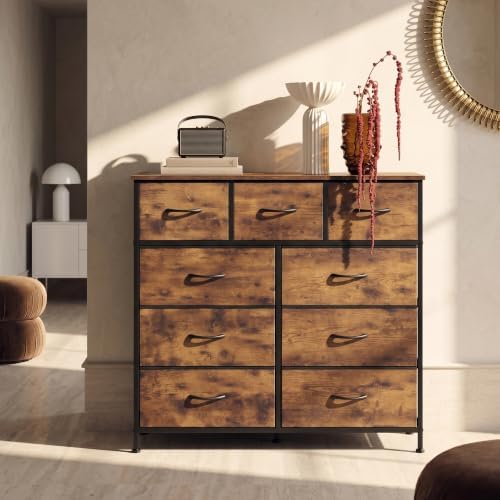 WLIVE Tall Dresser for Bedroom, 9 Drawer Chest of Drawers, Rustic Brown | 9 roomy fabric drawers, Tall storage design, Bedroom or closet use, Sturdy steel frame, Smooth wood tabletop|B095PF22B8