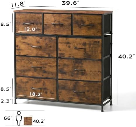 WLIVE Tall Dresser for Bedroom, 9 Drawer Chest of Drawers, Rustic Brown | 9 roomy fabric drawers, Tall storage design, Bedroom or closet use, Sturdy steel frame, Smooth wood tabletop|B095PF22B8