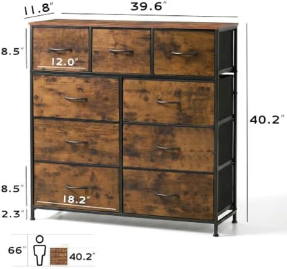 WLIVE Tall Dresser for Bedroom, 9 Drawer Chest of Drawers, Rustic Brown | 9 roomy fabric drawers, Tall storage design, Bedroom or closet use, Sturdy steel frame, Smooth wood tabletop|B095PF22B8
