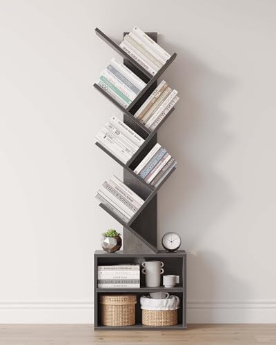 SUNMORY 6 Tier Tree Bookshelf, Tall Small Bookcase with Storage Cabinet | Modern Narrow Bookshelves Organizer, Floor Standing Book Case Shelf for Bedroom Living Room Home Office Corner, Rustic Brown|B0C88XTSMM