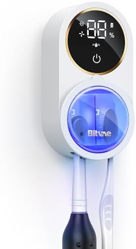 Bitvae Upgraded Tooth Brush Holder for Bathroom 2.0 Infrared Sensing | Toothbrush Cleaner, Wall-Mounted for Most Size Toothbrushes, Air Drying, LED Smart Screen, White Gold Trim|B0F3JGLLB8