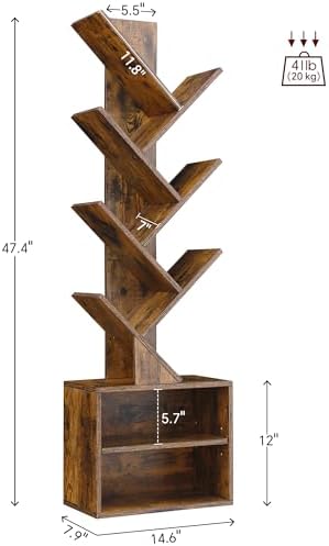 SUNMORY 6 Tier Tree Bookshelf, Tall Small Bookcase with Storage Cabinet | Modern Narrow Bookshelves Organizer, Floor Standing Book Case Shelf for Bedroom Living Room Home Office Corner, Rustic Brown|B0C88XTSMM