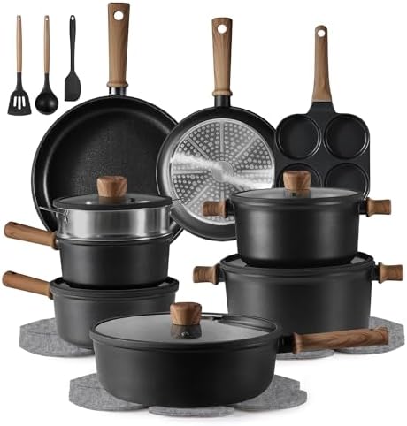 CAROTE 16pcs Pots and Pans Set, Nonstick Cookware Sets | Titanium Reinforced Coating, Scratch-Resistant, Easy to Clean, Even Heating, Induction Compatible, with Frying Pans Set|B0DGLVW188