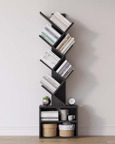 SUNMORY 6 Tier Tree Bookshelf, Tall Small Bookcase with Storage Cabinet | Modern Narrow Bookshelves Organizer, Floor Standing Book Case Shelf for Bedroom Living Room Home Office Corner, Rustic Brown|B0C88XTSMM