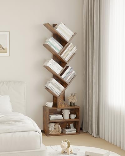 SUNMORY 6 Tier Tree Bookshelf, Tall Small Bookcase with Storage Cabinet | Modern Narrow Bookshelves Organizer, Floor Standing Book Case Shelf for Bedroom Living Room Home Office Corner, Rustic Brown|B0C88XTSMM