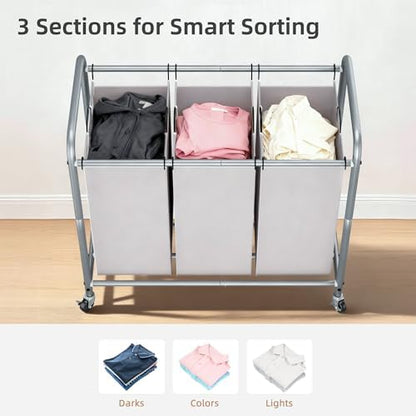 STORAGE MANIAC 3 Section Laundry Sorter, 35.6 Gal (135 L) Laundry Hamper Cart with Heavy Duty Rolling Lockable Wheels and Removable Bags, Clothes Organizer Basket Separator Hamper, Gray|B07X4F6R3T