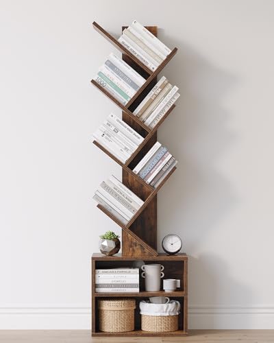 SUNMORY 6 Tier Tree Bookshelf, Tall Small Bookcase with Storage Cabinet | Modern Narrow Bookshelves Organizer, Floor Standing Book Case Shelf for Bedroom Living Room Home Office Corner, Rustic Brown|B0C88XTSMM