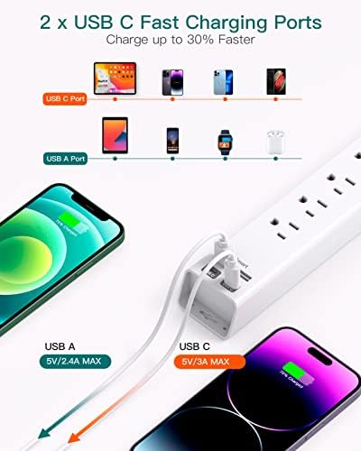 Extension Cord 10 ft - Long Power Strip Surge Protector, 6 AC Outlet 4 USB | (2 USB C), Flat Plug, Wall Mount, Multi Plug Outlet Extender Desk Charging Station for Home Office Dorm Room Essentials|B0CGWMQ89V