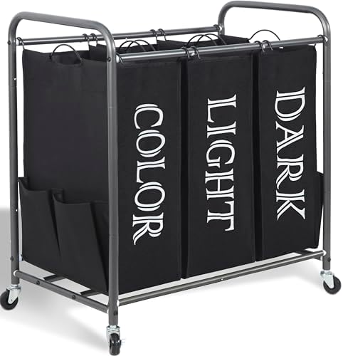 STORAGE MANIAC 3 Section Laundry Sorter, 35.6 Gal (135 L) Laundry Hamper Cart with Heavy Duty Rolling Lockable Wheels and Removable Bags, Clothes Organizer Basket Separator Hamper, Gray|B07X4F6R3T