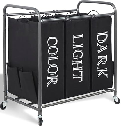 STORAGE MANIAC 3 Section Laundry Sorter, 35.6 Gal (135 L) Laundry Hamper Cart with Heavy Duty Rolling Lockable Wheels and Removable Bags, Clothes Organizer Basket Separator Hamper, Gray|B07X4F6R3T