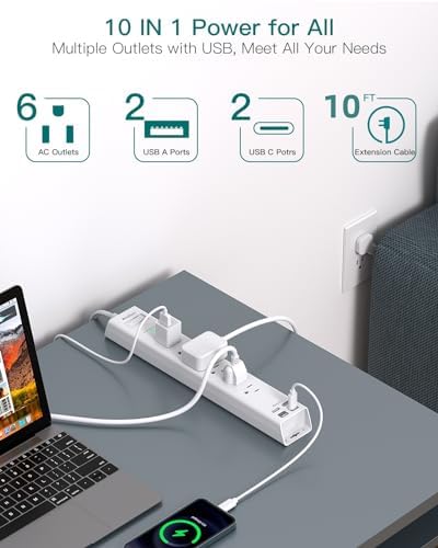 Extension Cord 10 ft - Long Power Strip Surge Protector, 6 AC Outlet 4 USB | (2 USB C), Flat Plug, Wall Mount, Multi Plug Outlet Extender Desk Charging Station for Home Office Dorm Room Essentials|B0CGWMQ89V