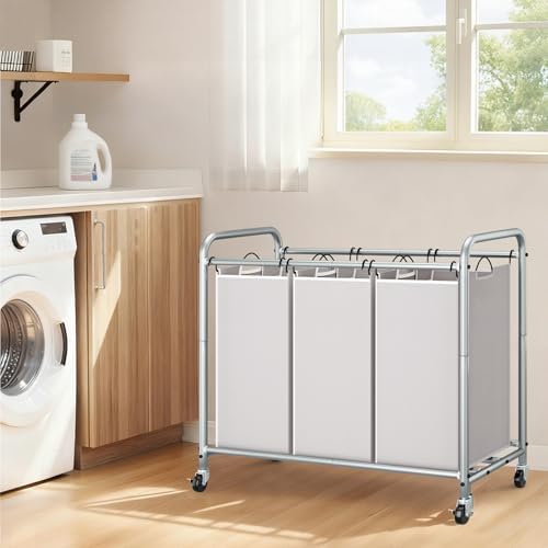 STORAGE MANIAC 3 Section Laundry Sorter, 35.6 Gal (135 L) Laundry Hamper Cart with Heavy Duty Rolling Lockable Wheels and Removable Bags, Clothes Organizer Basket Separator Hamper, Gray|B07X4F6R3T