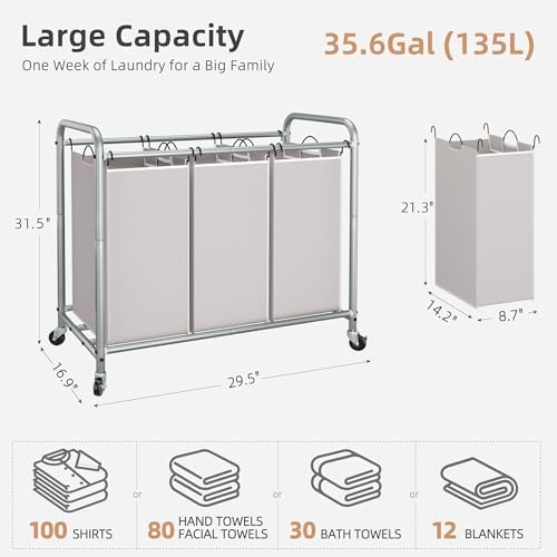 STORAGE MANIAC 3 Section Laundry Sorter, 35.6 Gal (135 L) Laundry Hamper Cart with Heavy Duty Rolling Lockable Wheels and Removable Bags, Clothes Organizer Basket Separator Hamper, Gray|B07X4F6R3T