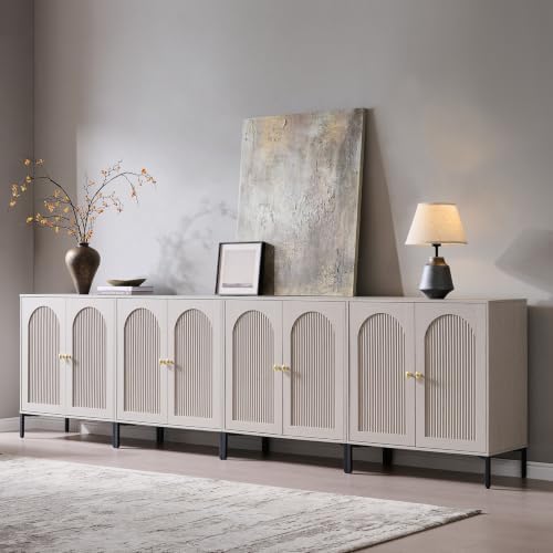 IFGET 92.63" W Modern Arched Sideboard Buffet Cabinet with Storage, Natural | Fluted Arch Sideboard Cabinet w/Adjustable Shelves, Wooden Modular Kitchen Cabinet for Dining& Living Room, Entryway|B0FXRGJ4S9