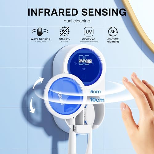 Bitvae Upgraded Tooth Brush Holder for Bathroom 2.0 Infrared Sensing | Toothbrush Cleaner, Wall-Mounted for Most Size Toothbrushes, Air Drying, LED Smart Screen, White Gold Trim|B0F3JGLLB8