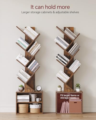 SUNMORY 6 Tier Tree Bookshelf, Tall Small Bookcase with Storage Cabinet | Modern Narrow Bookshelves Organizer, Floor Standing Book Case Shelf for Bedroom Living Room Home Office Corner, Rustic Brown|B0C88XTSMM