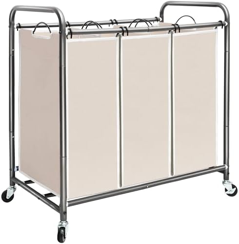 STORAGE MANIAC 3 Section Laundry Sorter, 35.6 Gal (135 L) Laundry Hamper Cart with Heavy Duty Rolling Lockable Wheels and Removable Bags, Clothes Organizer Basket Separator Hamper, Gray|B07X4F6R3T