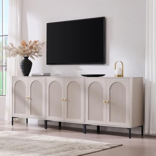 IFGET 92.63" W Modern Arched Sideboard Buffet Cabinet with Storage, Natural | Fluted Arch Sideboard Cabinet w/Adjustable Shelves, Wooden Modular Kitchen Cabinet for Dining& Living Room, Entryway|B0FXRGJ4S9