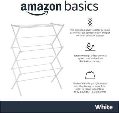 Amazon Basics Foldable Portable Clothes Drying Rack for Indoor Air Drying, Collapsible Design, 14.5" D x 29.5" W x 41.8" H, White|B00H7P1GPO