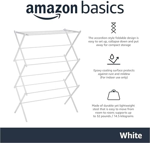 Amazon Basics Foldable Portable Clothes Drying Rack for Indoor Air Drying, Collapsible Design, 14.5" D x 29.5" W x 41.8" H, White|B00H7P1GPO