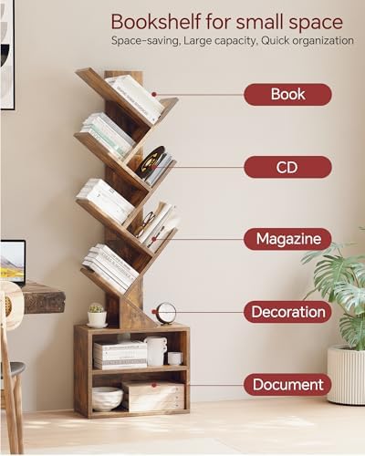 SUNMORY 6 Tier Tree Bookshelf, Tall Small Bookcase with Storage Cabinet | Modern Narrow Bookshelves Organizer, Floor Standing Book Case Shelf for Bedroom Living Room Home Office Corner, Rustic Brown|B0C88XTSMM