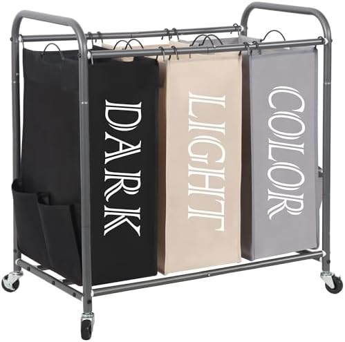 STORAGE MANIAC 3 Section Laundry Sorter, 35.6 Gal (135 L) Laundry Hamper Cart with Heavy Duty Rolling Lockable Wheels and Removable Bags, Clothes Organizer Basket Separator Hamper, Gray|B07X4F6R3T