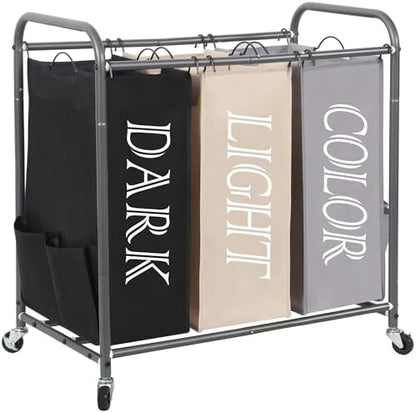 STORAGE MANIAC 3 Section Laundry Sorter, 35.6 Gal (135 L) Laundry Hamper Cart with Heavy Duty Rolling Lockable Wheels and Removable Bags, Clothes Organizer Basket Separator Hamper, Gray|B07X4F6R3T