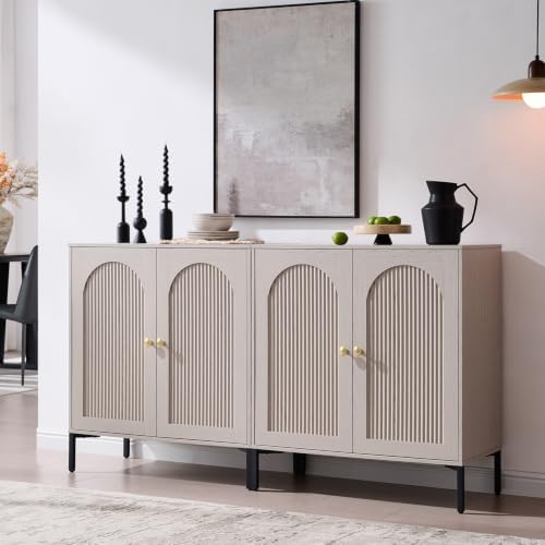 IFGET 92.63" W Modern Arched Sideboard Buffet Cabinet with Storage, Natural | Fluted Arch Sideboard Cabinet w/Adjustable Shelves, Wooden Modular Kitchen Cabinet for Dining& Living Room, Entryway|B0FXRGJ4S9