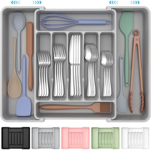 ukeetap Extra Large Expandable Silverware Organizer, BPA-Free Food-Safe Cutlery Flatware Organizer, Kitchen Utensil Drawer Organizer, Adjustable Silverware Holder for Spoons Forks Knives, Black|B0F2TB2MMP
