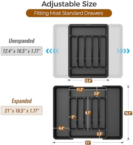 ukeetap Extra Large Expandable Silverware Organizer, BPA-Free Food-Safe Cutlery Flatware Organizer, Kitchen Utensil Drawer Organizer, Adjustable Silverware Holder for Spoons Forks Knives, Black|B0F2TB2MMP