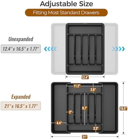 ukeetap Extra Large Expandable Silverware Organizer, BPA-Free Food-Safe Cutlery Flatware Organizer, Kitchen Utensil Drawer Organizer, Adjustable Silverware Holder for Spoons Forks Knives, Black|B0F2TB2MMP