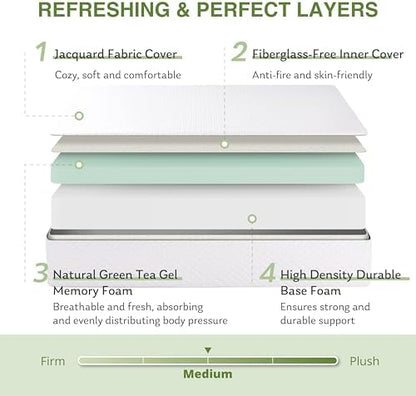 EGOHOME Full Size Memory Foam Mattress 8 Inch, Green Tea, Medium Firm | Bed Mattress in A Box, Cooling Green Tea Gel, Pressure Relief, CertiPUR-US Certified, Fiberglass Free, 75''L x 54''W, White|B0DKT9ZGW3