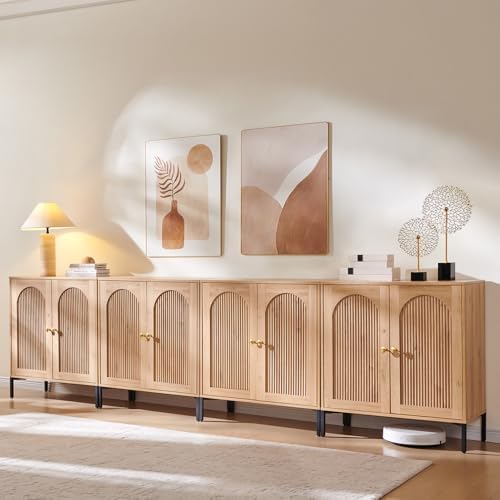 IFGET 92.63" W Modern Arched Sideboard Buffet Cabinet with Storage, Natural | Fluted Arch Sideboard Cabinet w/Adjustable Shelves, Wooden Modular Kitchen Cabinet for Dining& Living Room, Entryway|B0FXRGJ4S9