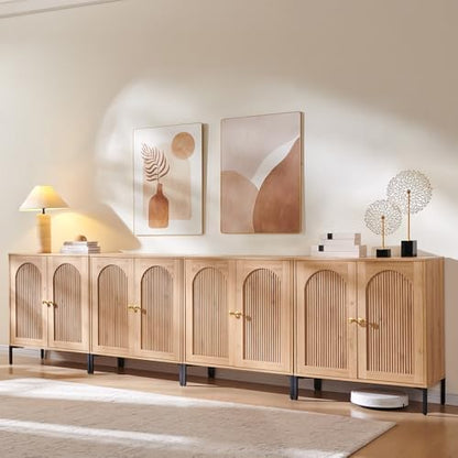 IFGET 92.63" W Modern Arched Sideboard Buffet Cabinet with Storage, Natural | Fluted Arch Sideboard Cabinet w/Adjustable Shelves, Wooden Modular Kitchen Cabinet for Dining& Living Room, Entryway|B0FXRGJ4S9