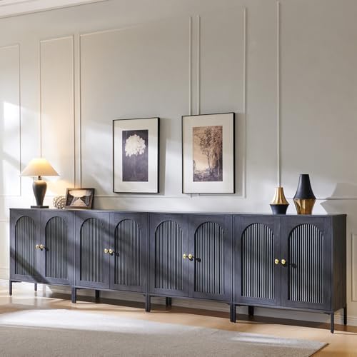 IFGET 92.63" W Modern Arched Sideboard Buffet Cabinet with Storage, Natural | Fluted Arch Sideboard Cabinet w/Adjustable Shelves, Wooden Modular Kitchen Cabinet for Dining& Living Room, Entryway|B0FXRGJ4S9