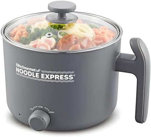Elite Gourmet Noodle Express Electric Hot Pot, Stainless Steel, Grey | Prepares ramen, rice, soups & stews, boils water fast - glass lid - High/Low/Off settings|B0FDJTMMBR