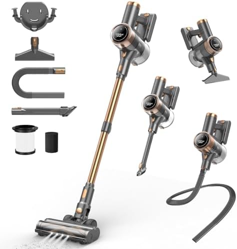 Cordless Vacuum Cleaner, 10-in-1 Lightweight Stick Vacuum with 45mins Runtime, Powerful Suction, LED Touch Screen, Rechargeable Vacuum Cleaners for Home Hardwood Floor Carpet Pet Hair (Gold)|B0F94K5L8D