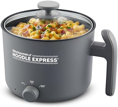 Elite Gourmet Noodle Express Electric Hot Pot, Stainless Steel, Grey | Prepares ramen, rice, soups & stews, boils water fast - glass lid - High/Low/Off settings|B0FDJTMMBR