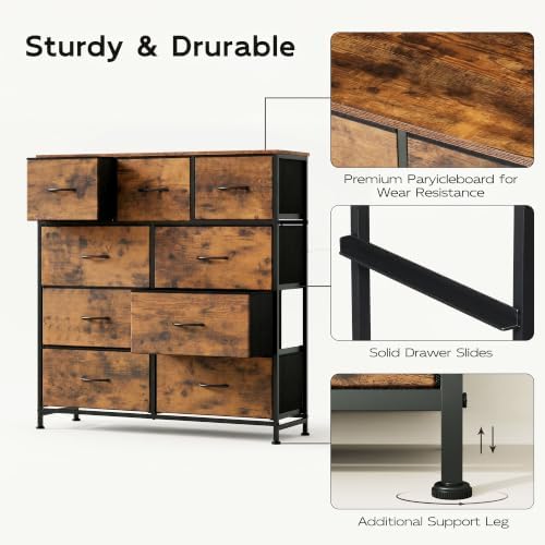 WLIVE Tall Dresser for Bedroom, 9 Drawer Chest of Drawers, Rustic Brown | 9 roomy fabric drawers, Tall storage design, Bedroom or closet use, Sturdy steel frame, Smooth wood tabletop|B095PF22B8